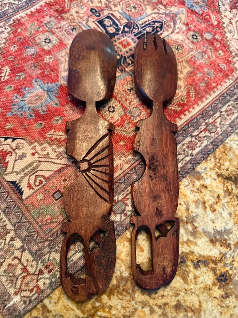 Wooden Salad Spoon Fork Set Utensil Hand Carved 12 Inch